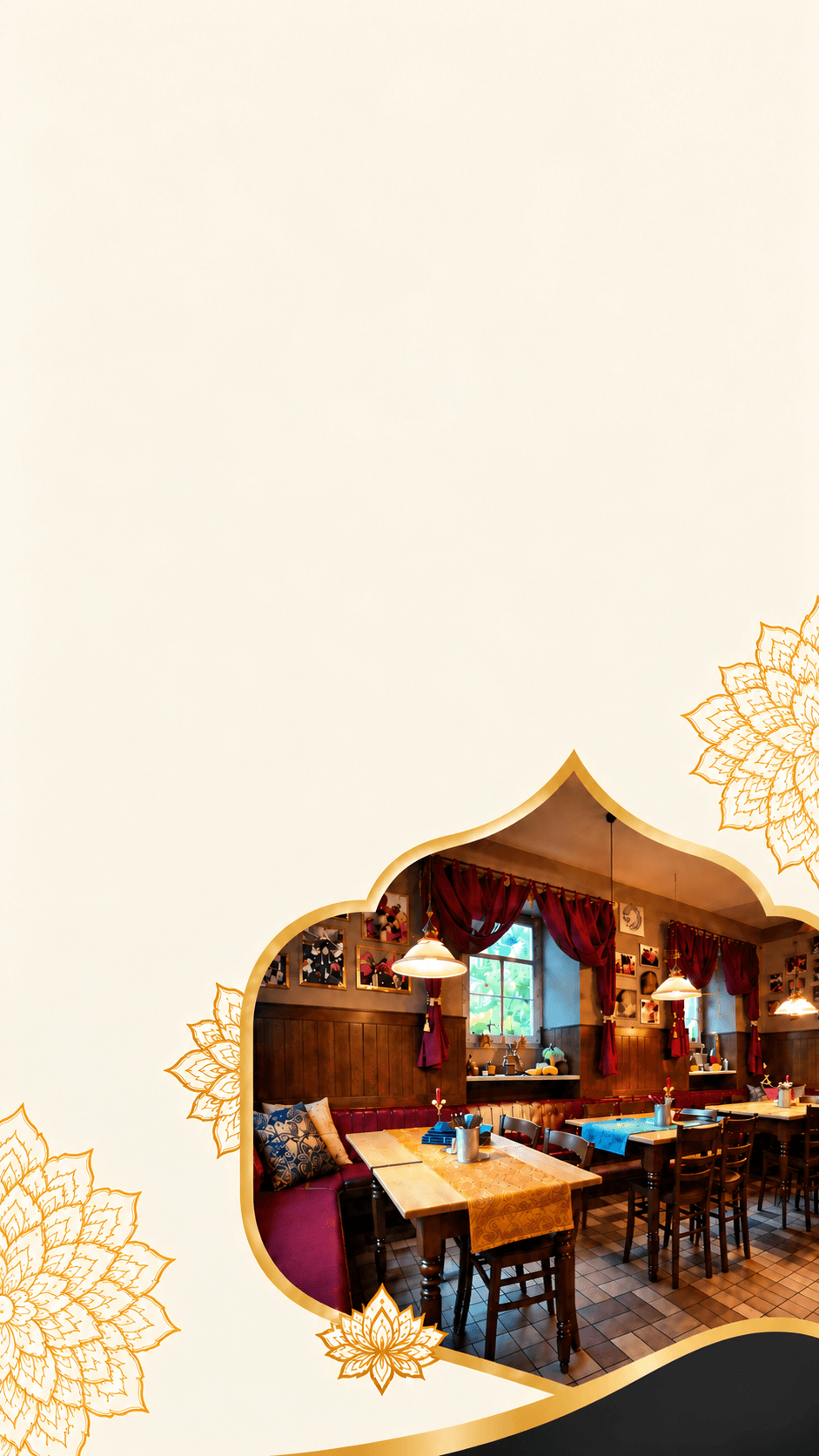Gastraum des Tandoori Wonfurt in einem goldenen Bogen