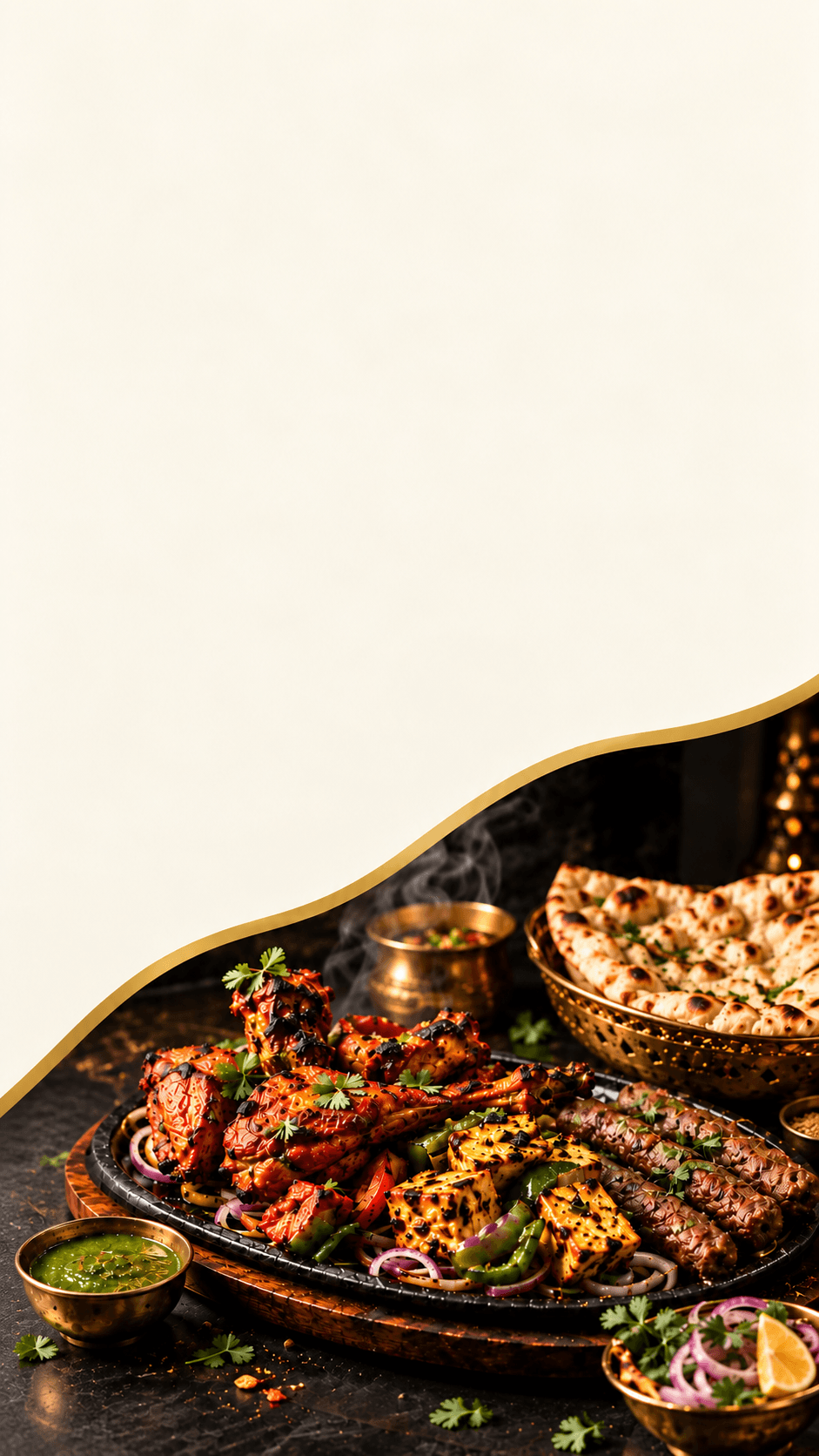 Tandoori-Platte mit Chicken Tikka, Paneer, Seekh Kebab, Naan und Minz-Chutney